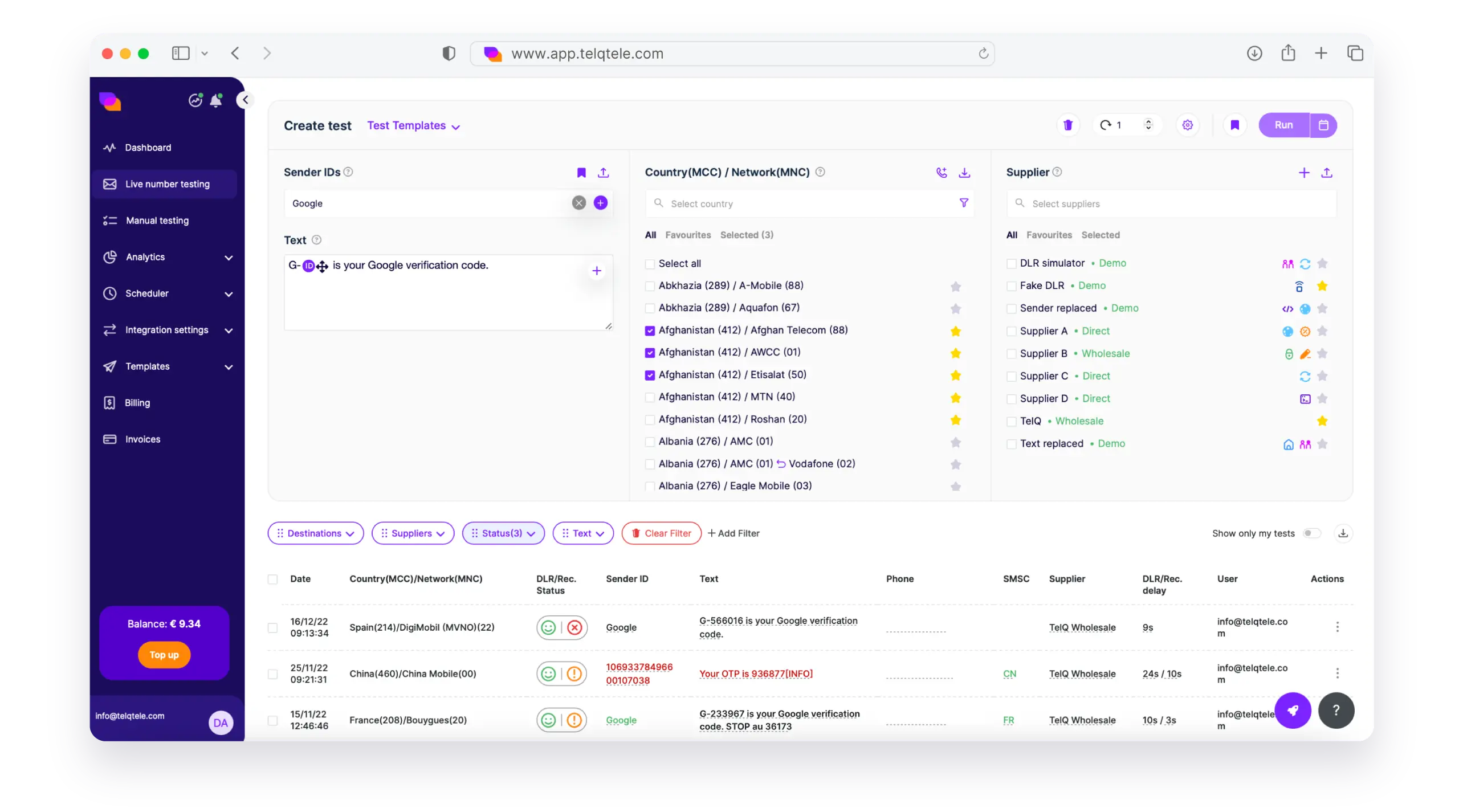 TelQ SMS testing platform showing delivery test results with Sender ID, SMSC, and content verification data
